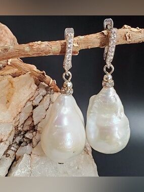 Large White Baroque Pearl & Topaz 925 Sterling Silver Earrings